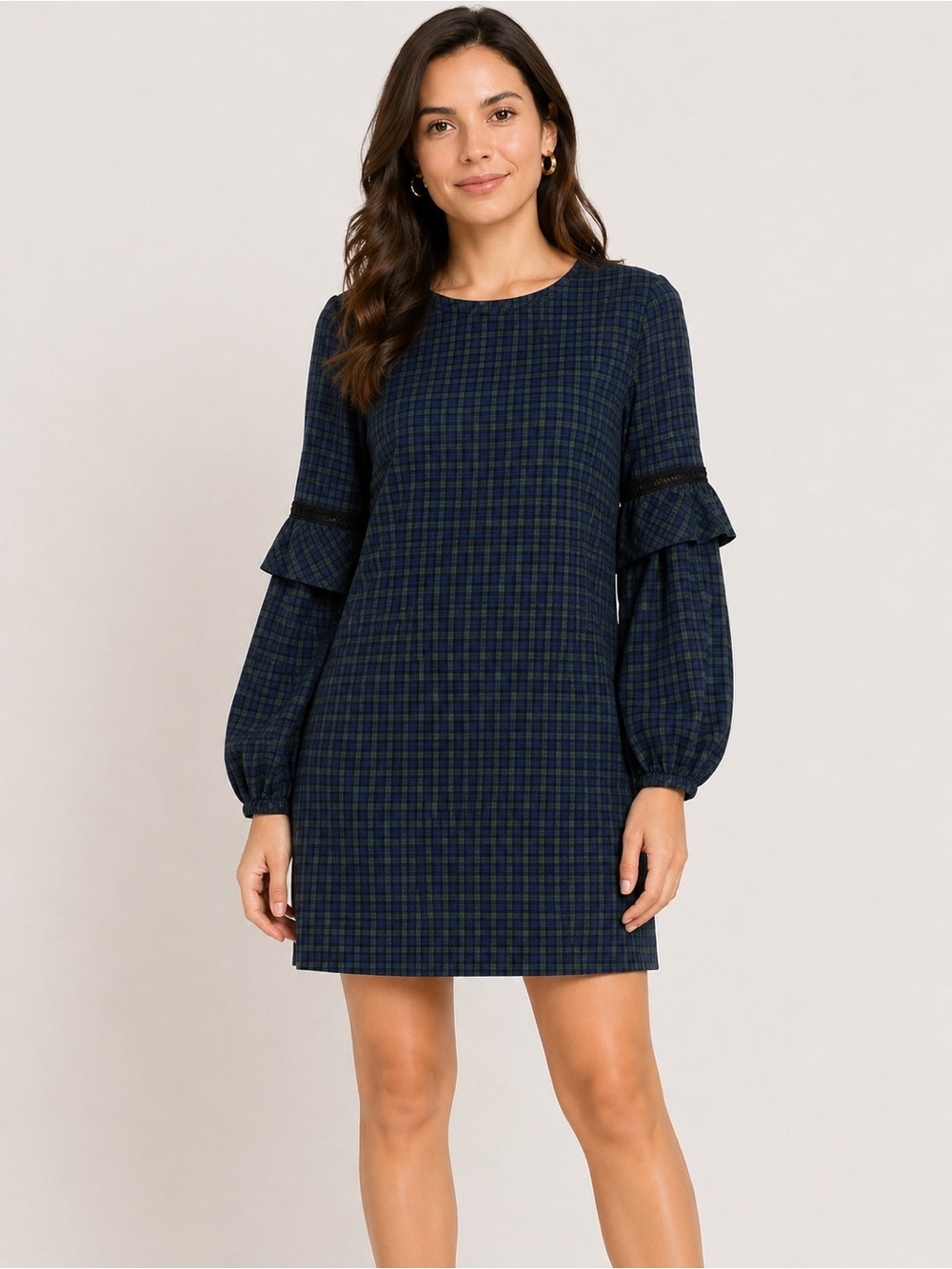 Loft Green and Blue Checkered Plaid Flounce Puff
Ruffle Sleeve Shift Dress 2